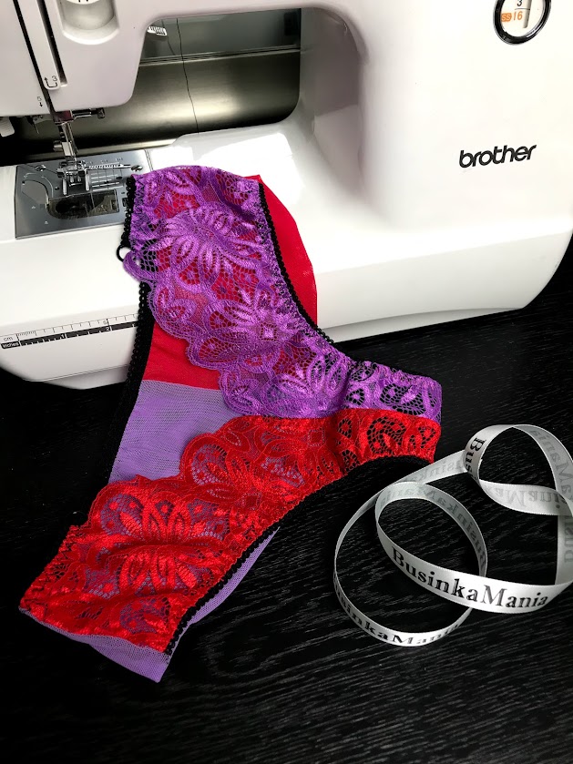 Sewing lingerie with lace fabric on a Brother machine, showcasing handmade underwear and DIY sewing patterns.