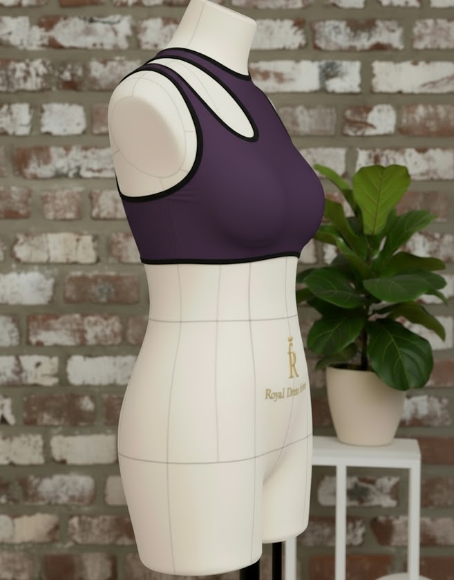 Side view of Crop Top “Enigma” in purple stretch fabric on mannequin, finished with fold-over elastic using the double-layer method