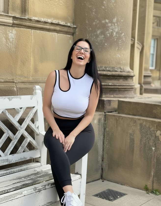 Woman wearing handmade Crop Top “Enigma” in white stretch fabric, styled as activewear with black leggings, beginner sewing project