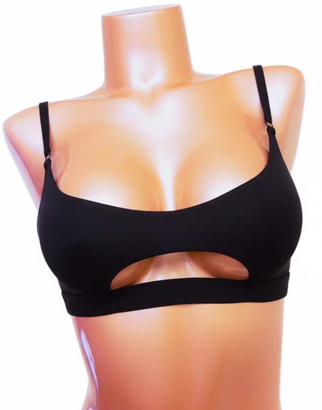 Black handmade Top-Bra “Mia” with front cut-out displayed on a mannequin, showing completed sewn version of the bra top.