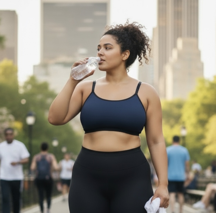 Woman wearing handmade navy Top-Bra “Sport” as an activewear crop top while walking outdoors in an urban park setting.