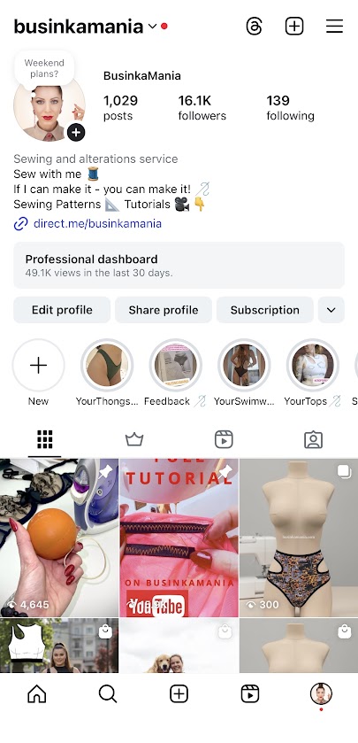 Screenshot of Businkamania Instagram profile showing 16K followers and sewing pattern reels after consistent growth