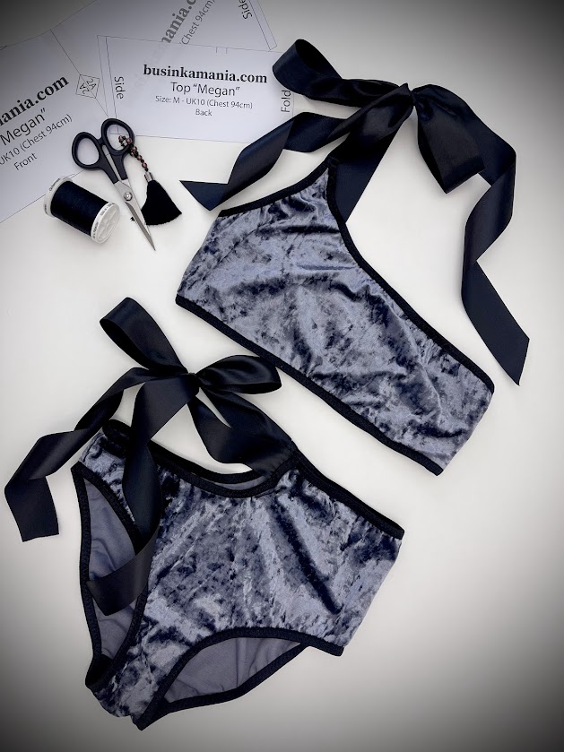 Velvet lingerie set with wide satin ribbon straps, showing how ribbons can be used as straps in lingerie sewing projects