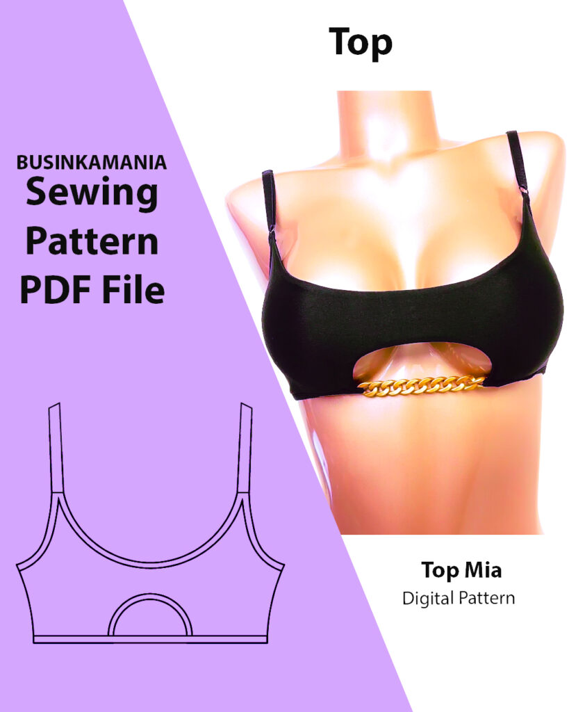 Black Top-Bra “Mia” with gold chain detail displayed on mannequin next to BusinkaMania sewing pattern PDF cover design.