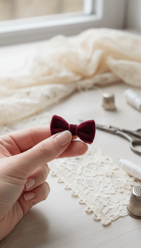 Hand holding a small burgundy velvet ribbon bow on a lace sewing table, showing how velvet ribbons are used for lingerie bows