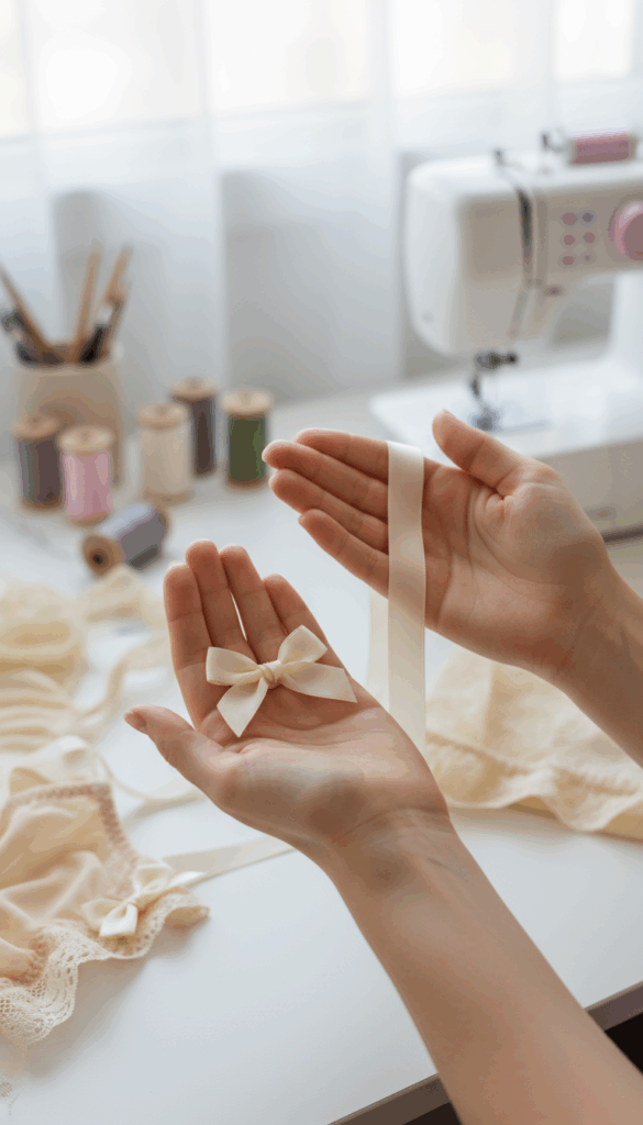 Hands holding a small cream satin ribbon bow in a sewing studio with lace and thread spools, symbolising finished lingerie bows