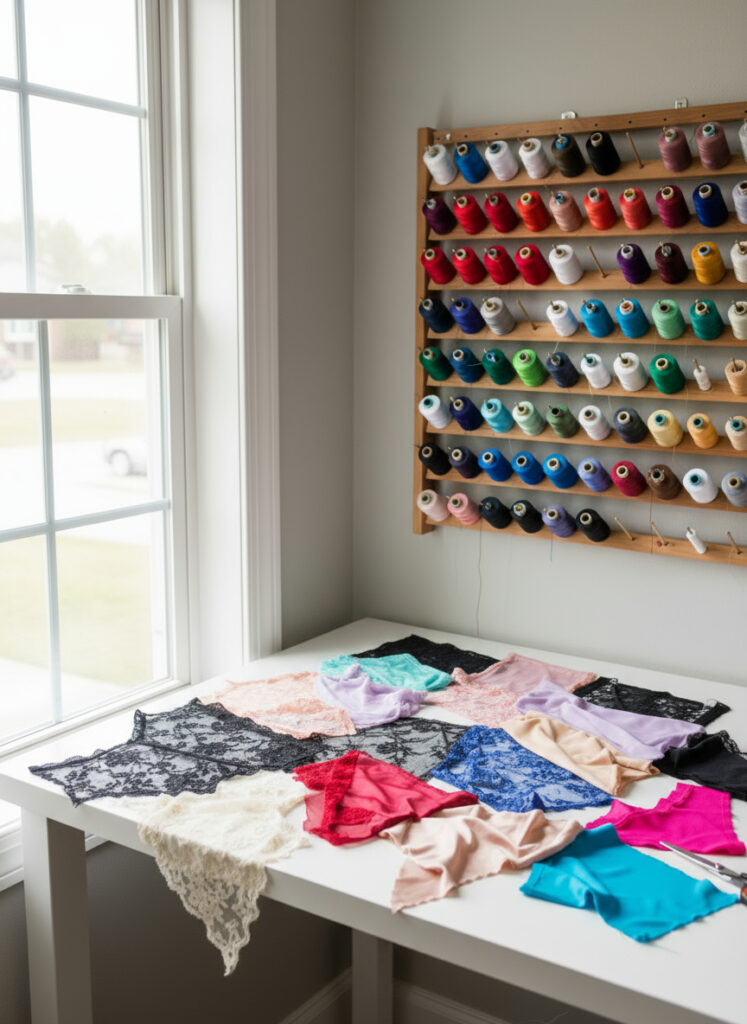 Lace, mesh, and fabric scraps arranged on a sewing table to build a mosaic fabric for quilting panties.