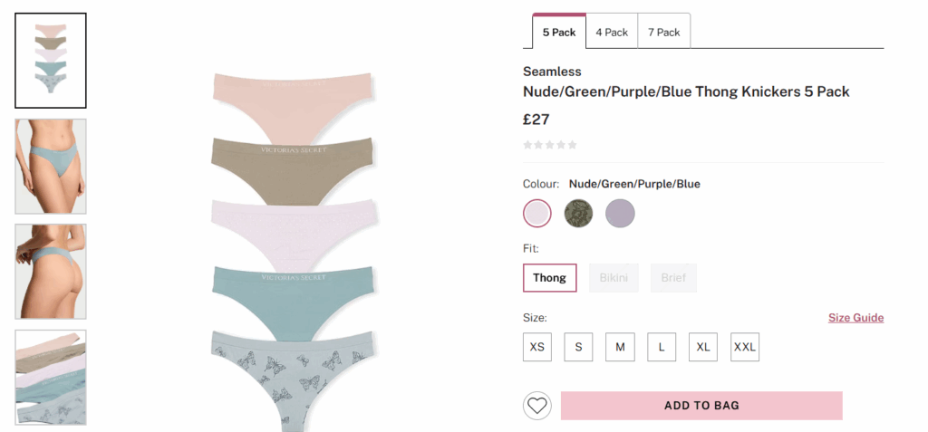 Victoria’s Secret seamless thong knickers 5 pack in nude, green, purple, and blue priced at £27.