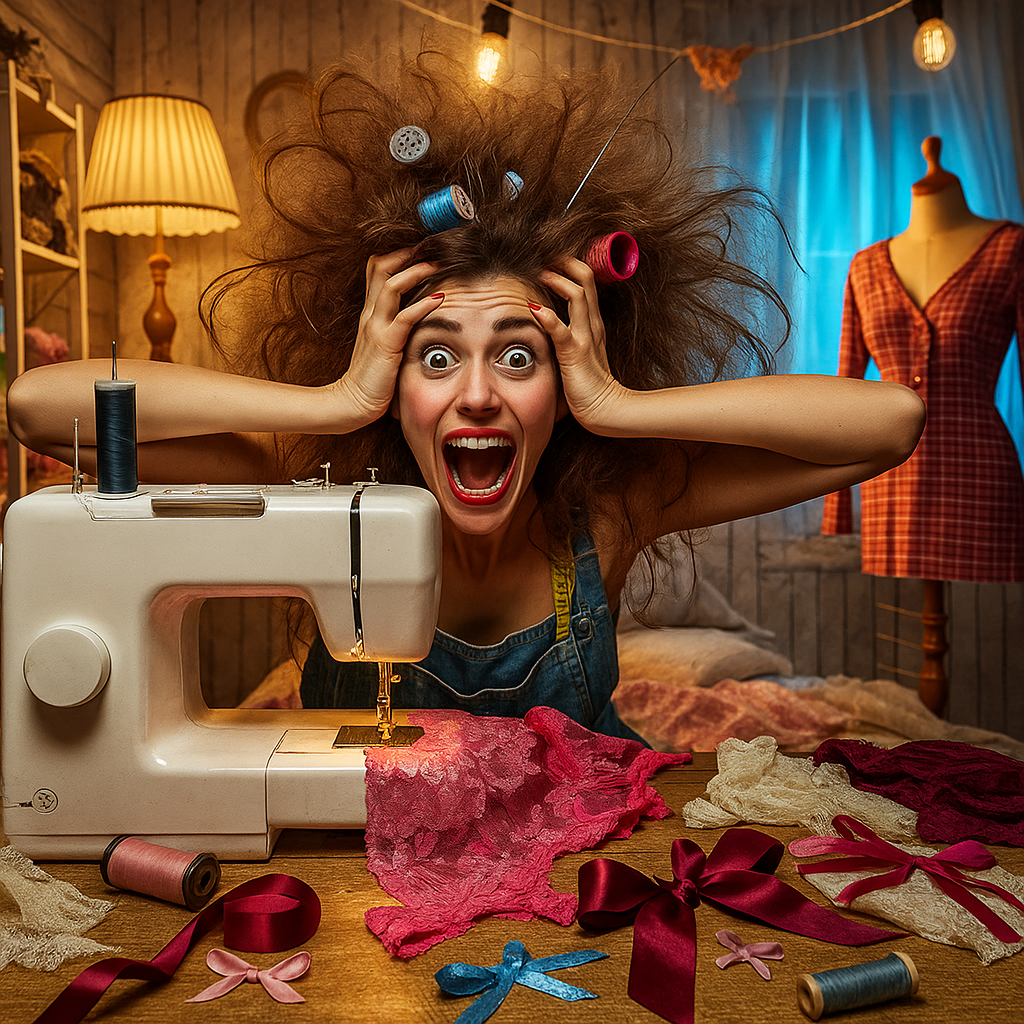 Frustrated woman with messy hair at sewing machine surrounded by lace and ribbons, learning lingerie sewing at home.