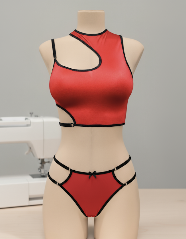 Red handmade swimwear set on mannequin with black trim and cutout design, showing use of two-way stretch fabric and adjustable straps
