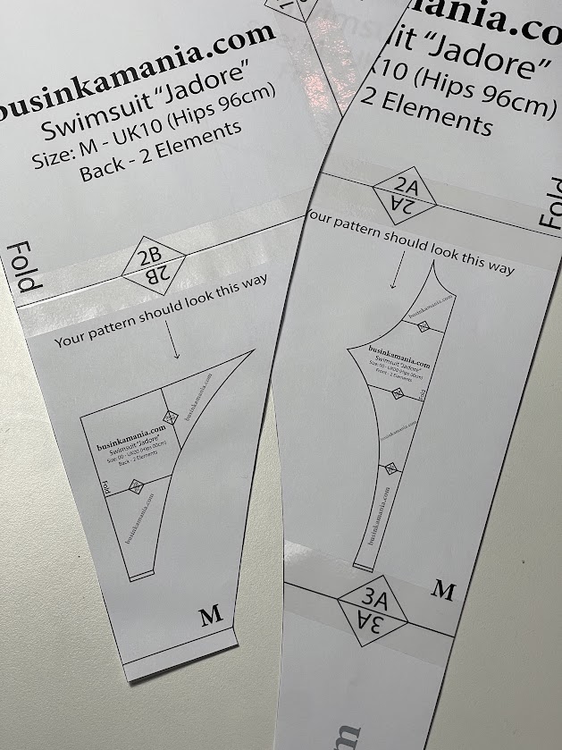 Printed A4 pattern pages for Swimsuit Jadore showing assembly markers A2B and A3A with fold lines and size guide.