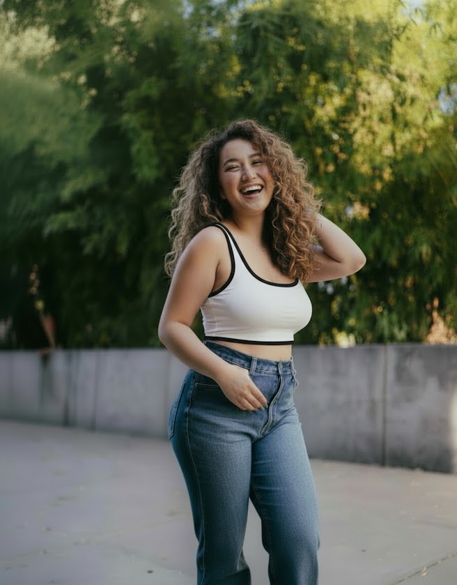 Smiling woman wearing handmade Jade crop top in single-layer version with jeans, showing light everyday or lingerie-style fit.