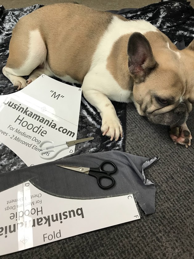 French bulldog lying beside BusinkaMania dog hoodie sewing pattern pieces and grey fabric on table with scissors.