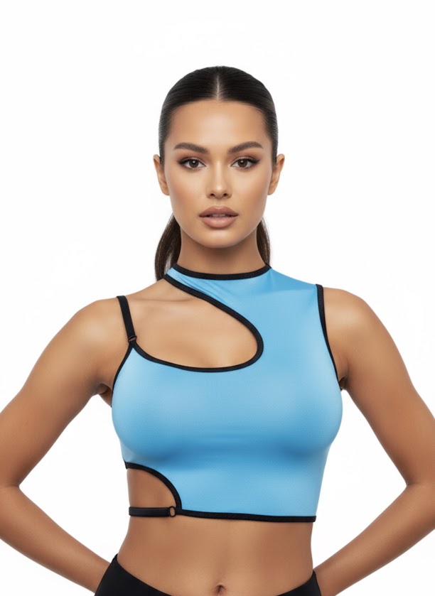 Woman wearing handmade blue Crop Top Eleganza with black fold-over elastic trim, showcasing the single-layer sewing version.