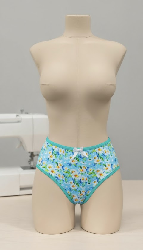 Mannequin wearing handmade floral panties sewn from free printable panty pattern, representing DIY lingerie sewing project.