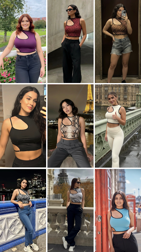 Women wearing handmade Crop Top Eleganza in different fabrics and styles, showcasing accurate fit across body types.