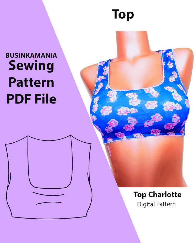 Charlotte crop top sewing pattern PDF showing finished top on mannequin and technical line drawing for beginner lingerie makers.