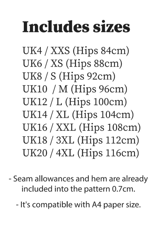 BusinkaMania PDF sizing chart showing UK and hip measurements for underwear sewing patterns with seam allowance details.
