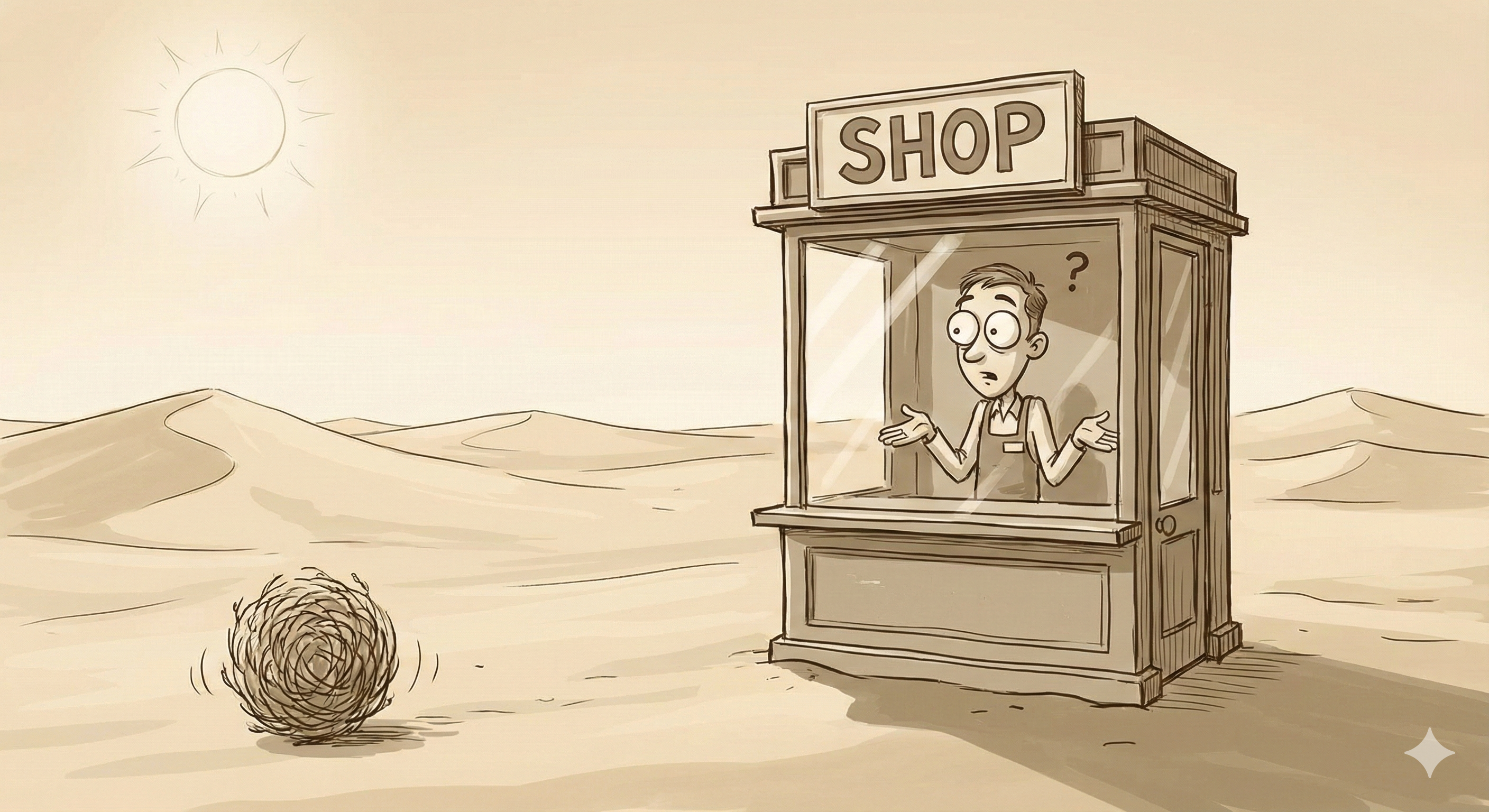 Cartoon shop in desert with tumbleweed illustrating the follower delusion and lack of sales for craft businesses