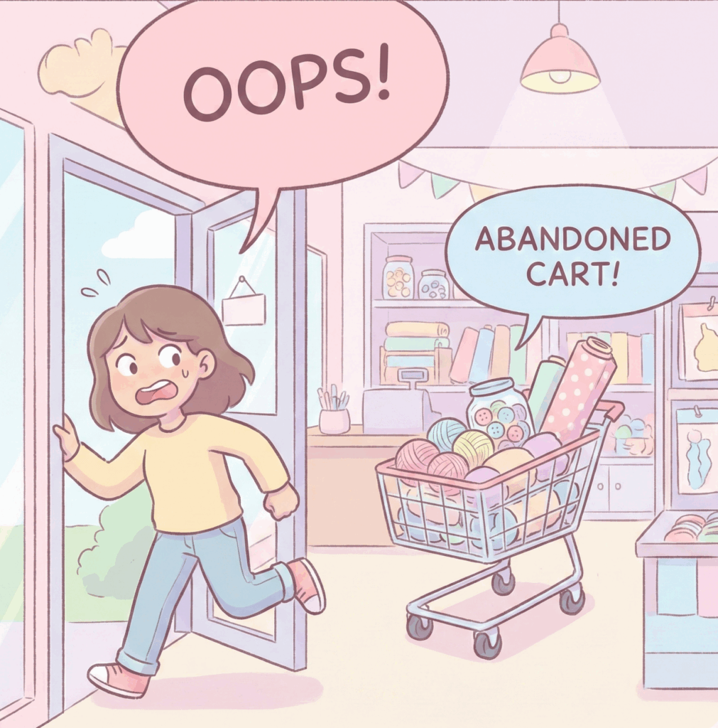 Pastel illustration cartoon customer leaving full cart of craft supplies illustrating abandoned checkout loss for handmade business