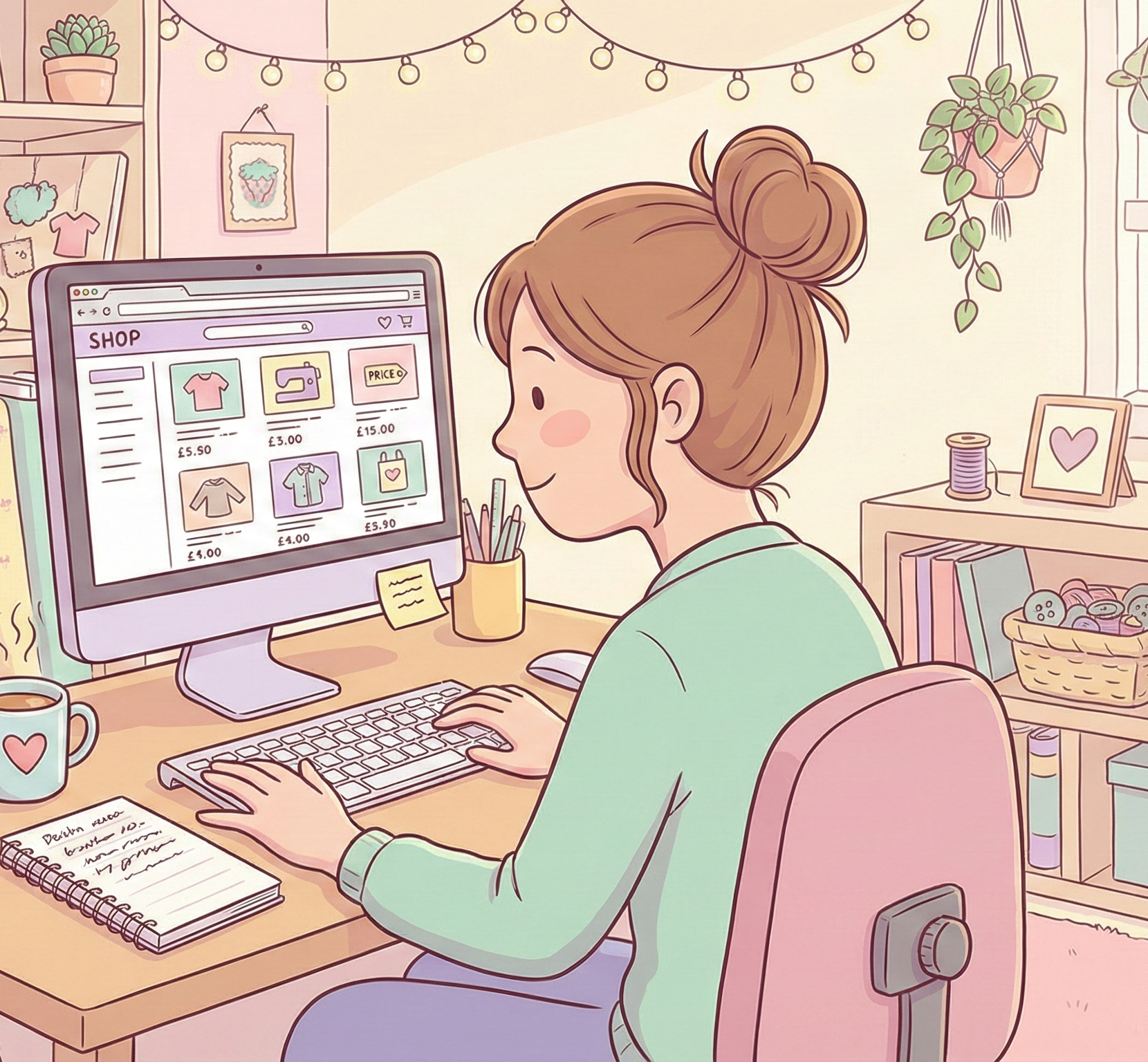 Illustration of a woman researching competitor prices online to determine how to set fair prices for her handmade creations.