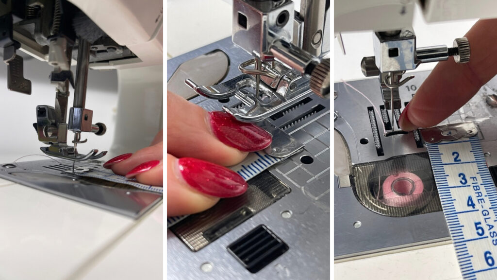 Attaching a soft tailor’s ruler to a sewing machine needle plate to measure elastic stretch evenly while sewing lingerie