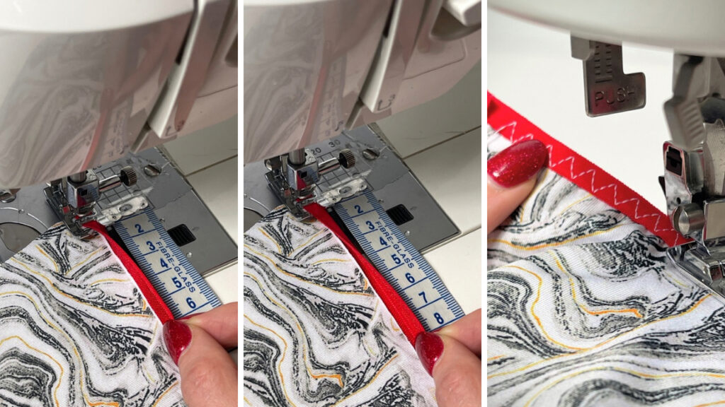 Testing elastic stretch with a ruler while sewing underwear, measuring even tension on scrap fabric before sewing the garment