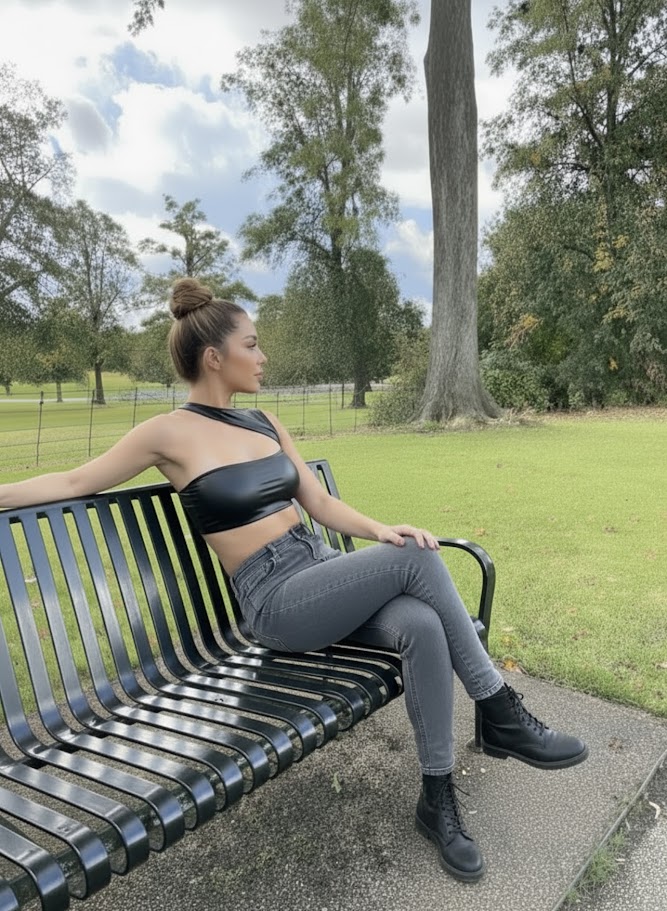 Woman wearing black leather effect stretch top sitting on bench showing finished garment