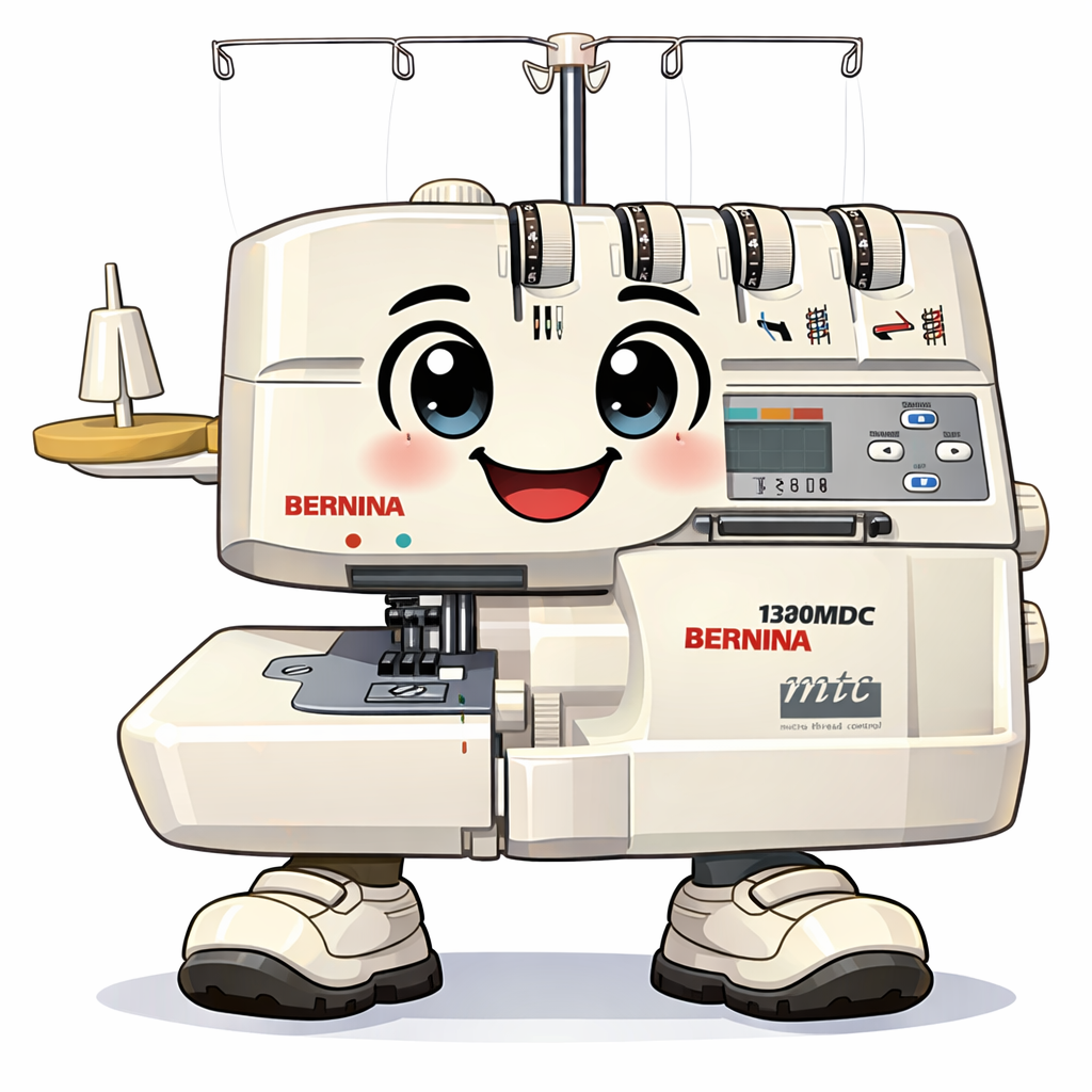 Cartoon Bernina 1300MDC overlocker drawn as a walking character to explain differential feed like summer steps.