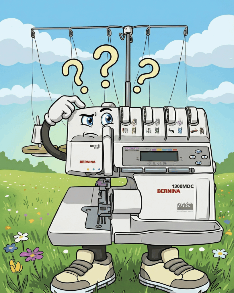 Cartoon Bernina 1300MDC overlocker looking confused with question marks above its head to show “wrong” differential feed.