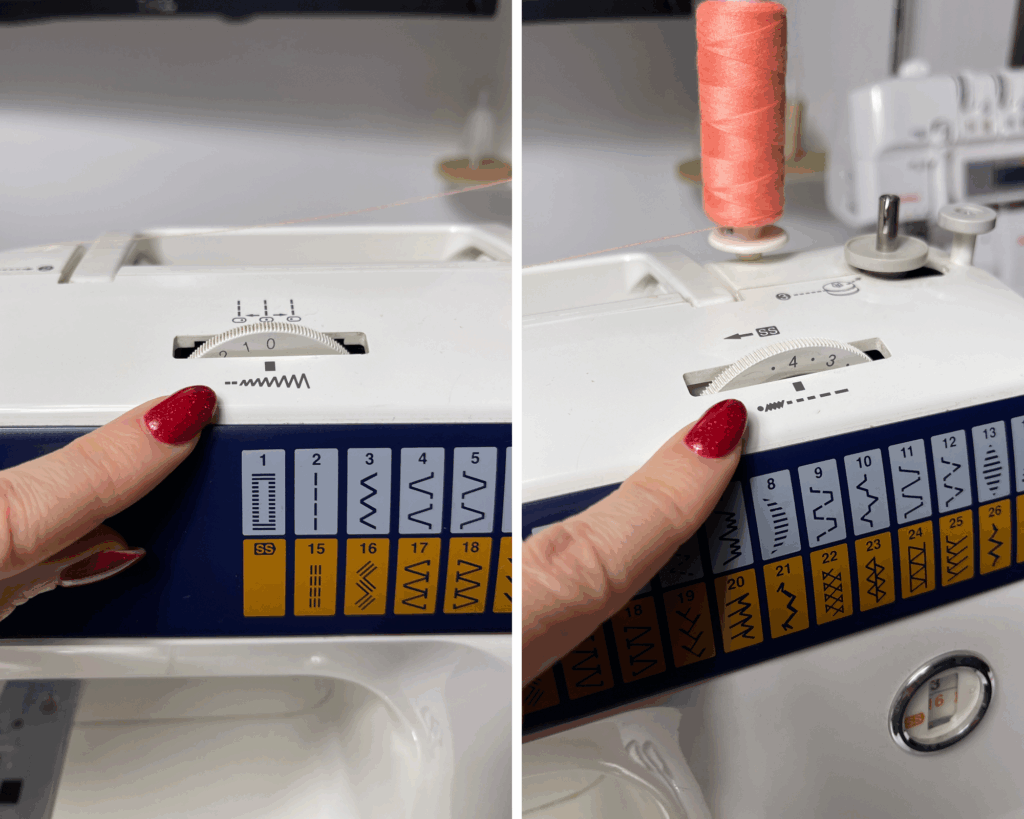 Finger pointing to sewing machine settings showing stitch width at 0 and stitch length at 4 for zero-width zigzag elastic sewing