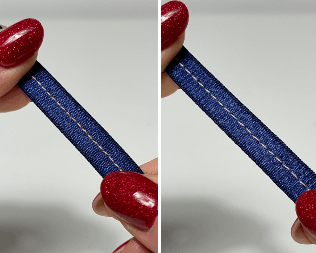 Sewing machine stitching a stretchable straight line on black elastic for handmade underwear using miracle zigzag settings.