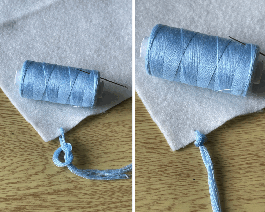 Tying folded light blue threads into knot on soft felt, securing tassel for handmade craft decoration.