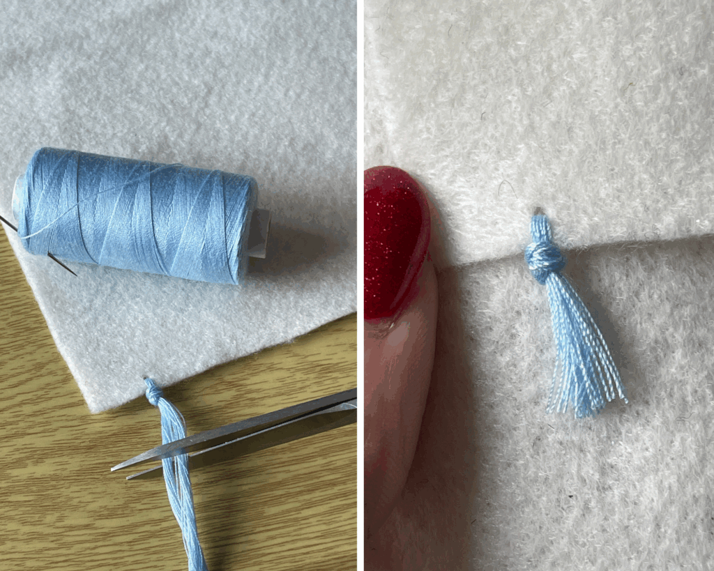Cutting tassel ends to even length on soft felt, testing fluffiness for handmade craft decoration.