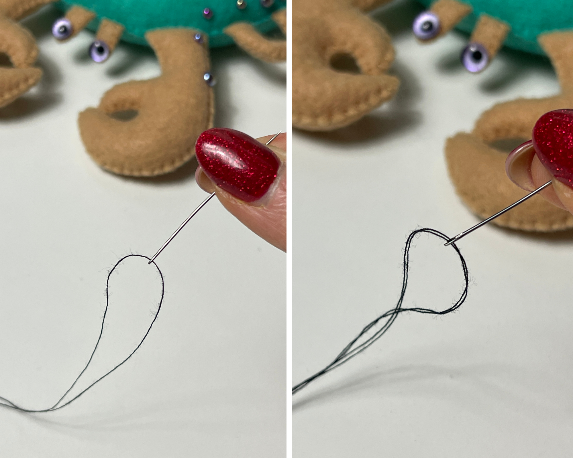 Needle threaded without knot forming first chain stitch loop on felt, showing strand folded for fine or thicker raised effect