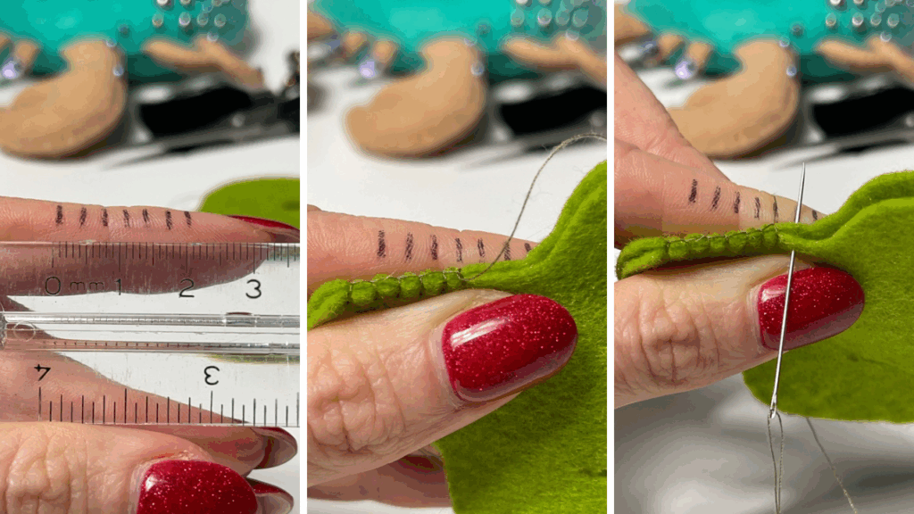 Blanket stitch spacing guide on green felt, using finger marks and ruler to keep even stitches on plush edge