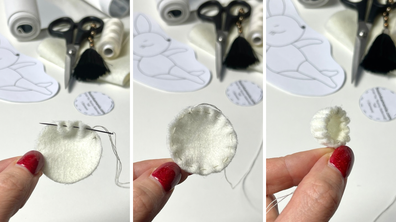 Hand stitching round felt circle with running stitch to create gathered pouch for small 3D plush tail
