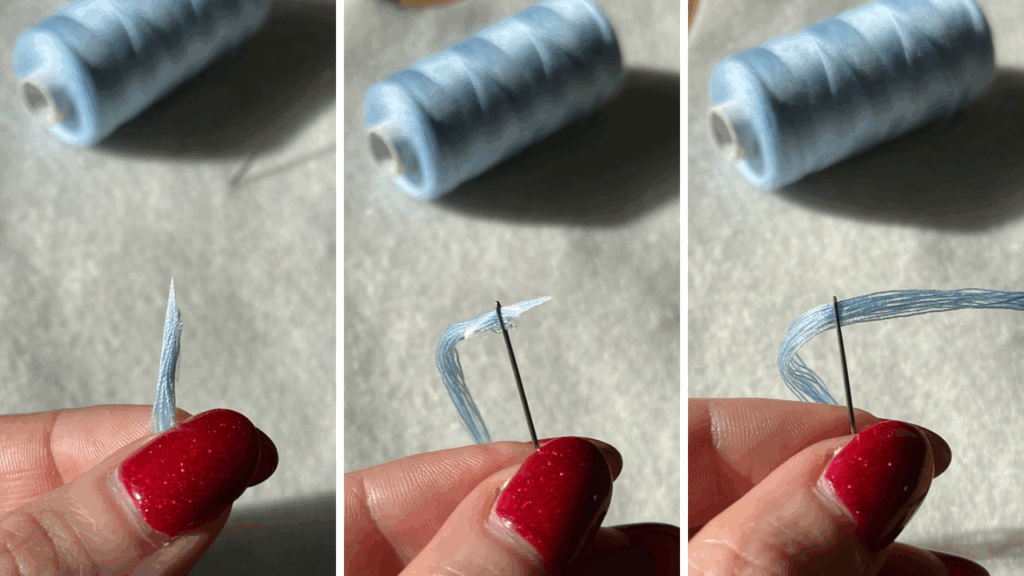 Step-by-step threading multiple strands into needle using tape trick for making tassel on felt craft project.