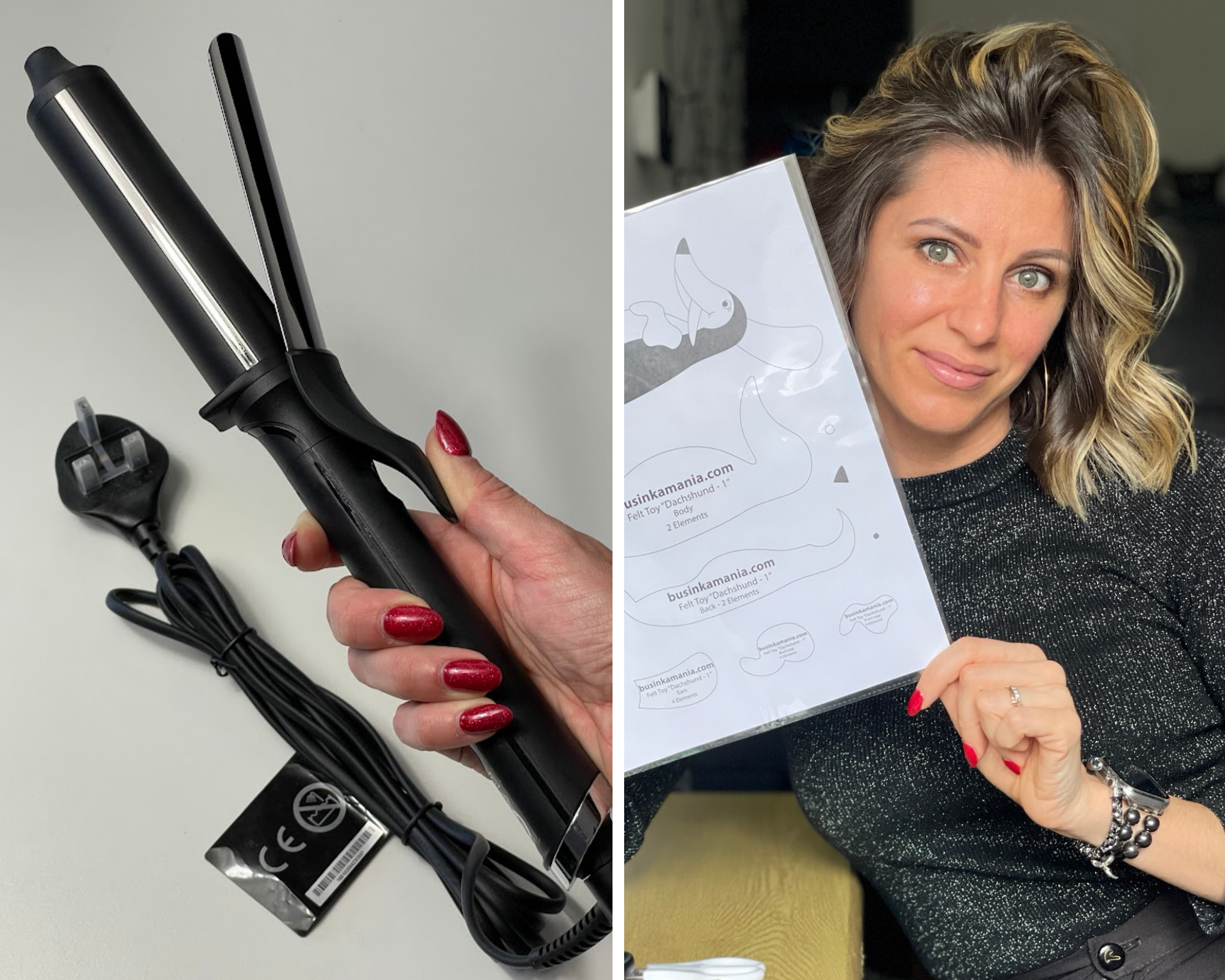 GHD Creative Curl Wand and woman holding felt Dachshund pattern, showing hair styling results and ongoing plushie craft project
