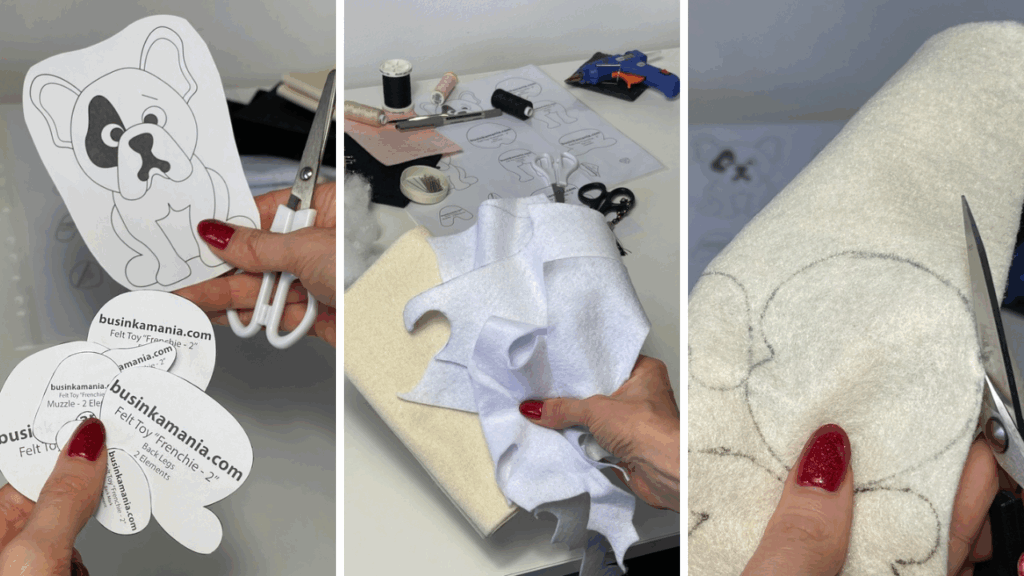 Cutting and preparing beige felt fabric pieces for French bulldog plushie while adjusting colour choice during craft process