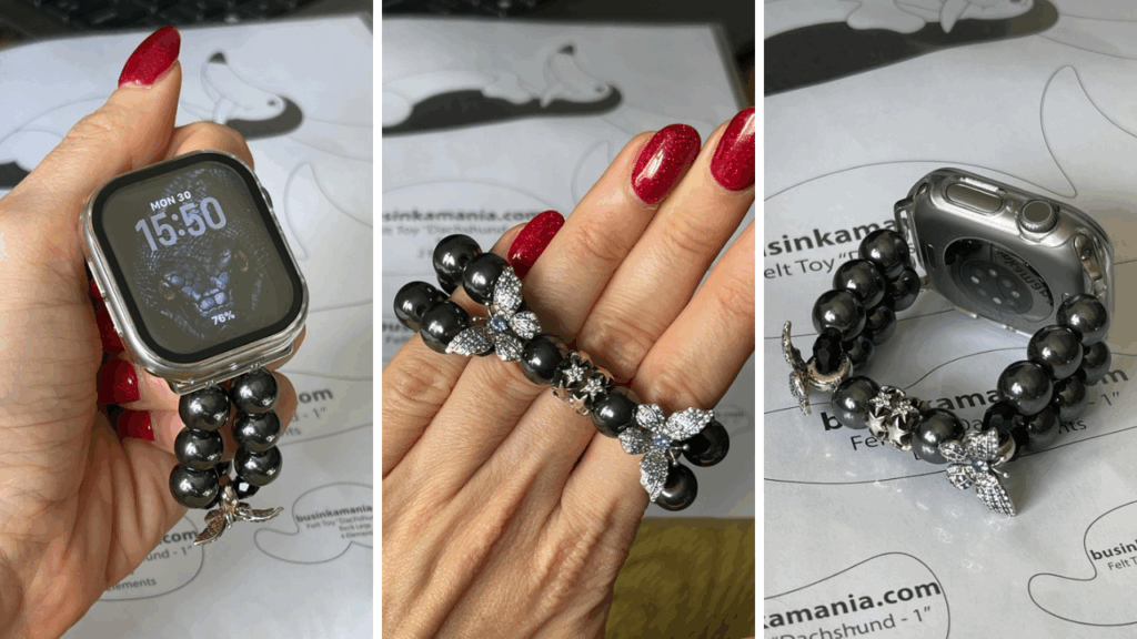 Handmade Apple Watch bracelet with black beads and charms, created alongside felt plush sewing project as a small side craft
