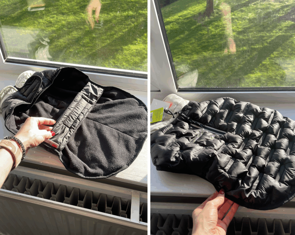 Two dog raincoats on windowsill, comparing bulky fit and planning sleeve and elastic adjustments for better comfort