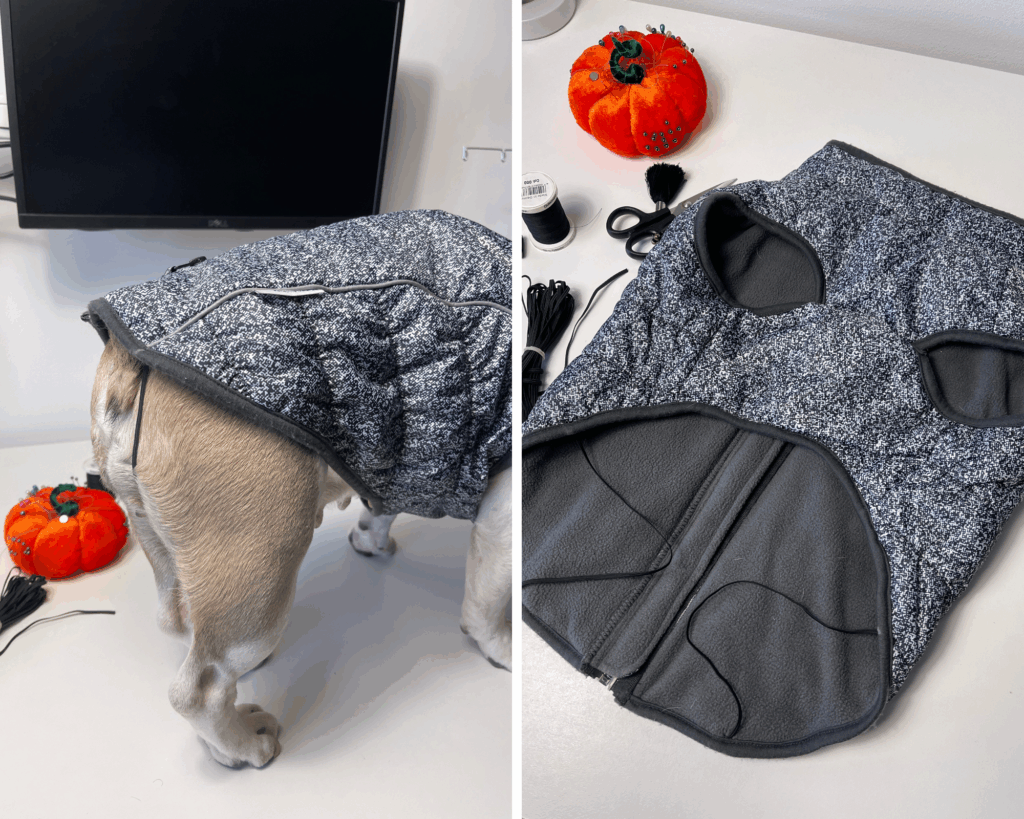 Dog jacket with back leg elastic attachment, preventing coat from lifting in wind and improving fit during outdoor walks