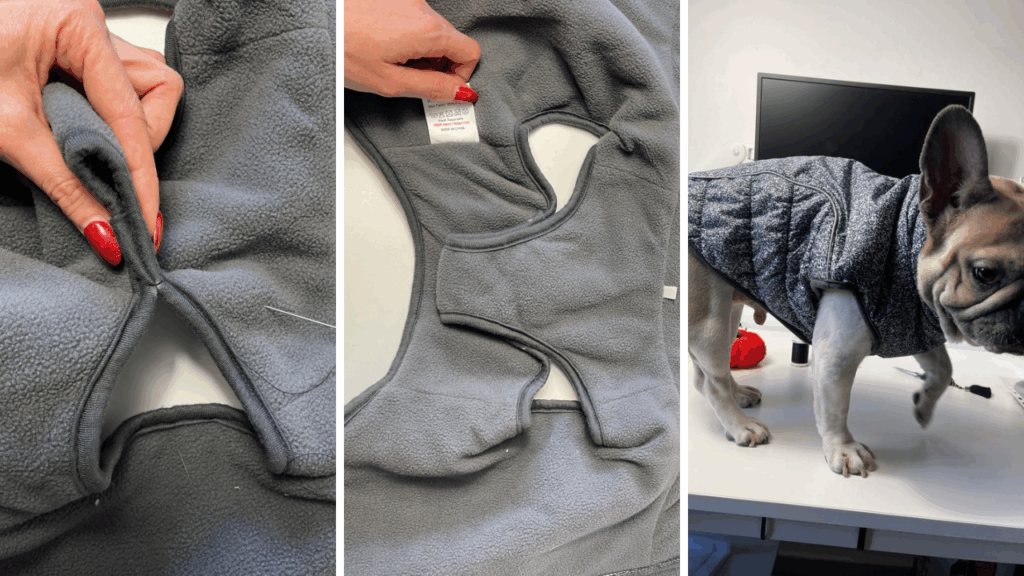 Hand sewing dog fleece jacket pieces and finished outfit on small dog, showing garment adjustments and cosy fit for rainy weather