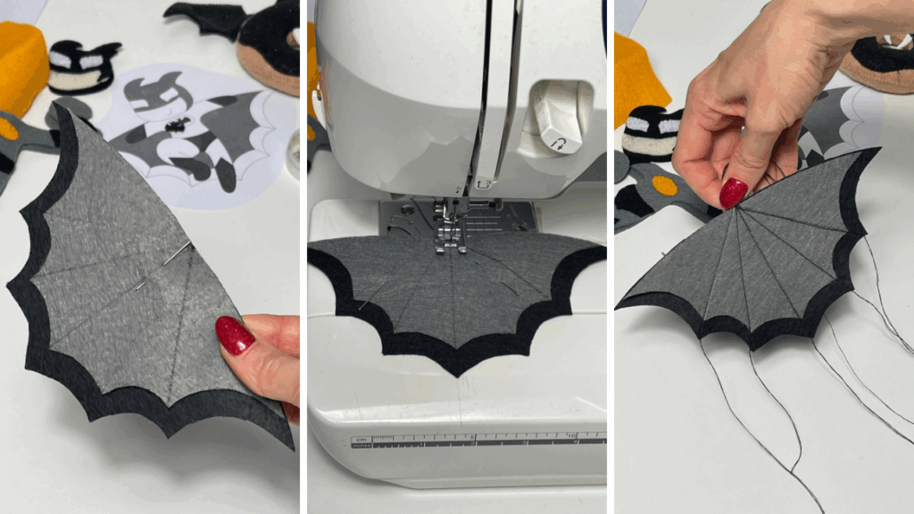 Sewing machine stitching felt Batman cape with detailed lines, showing plush toy assembly process and neat stitching finish
