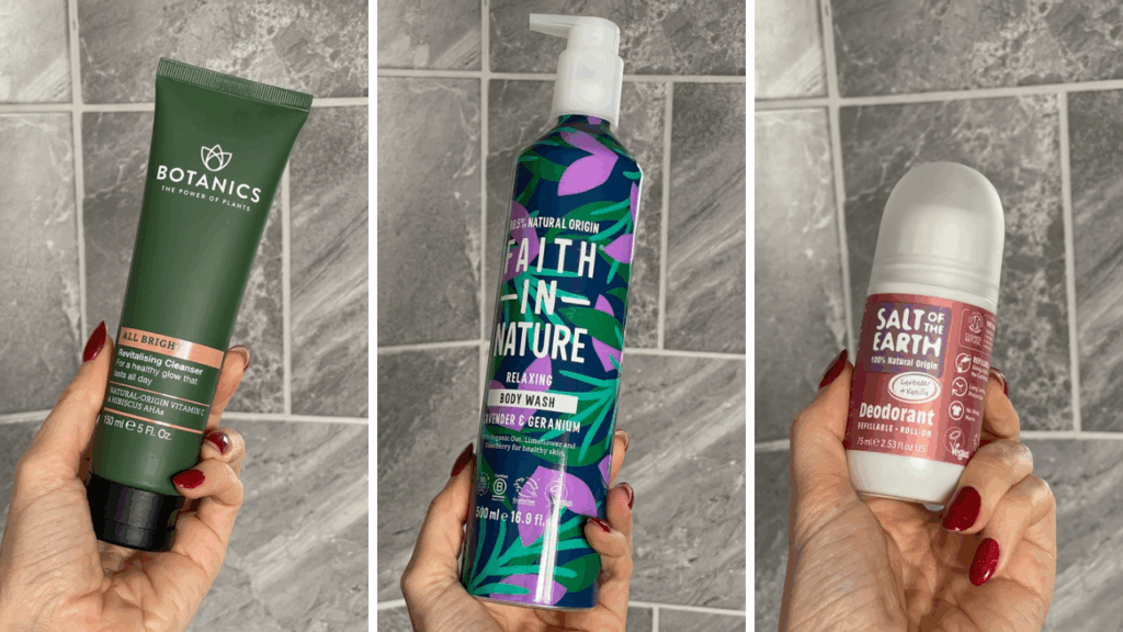 Natural skincare products for plastic detox routine including shower gel, face scrub, and deodorant held in hand at home