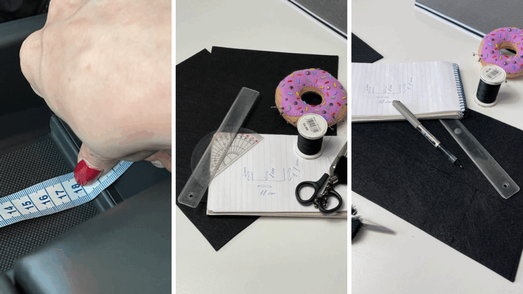 Measuring car compartment with tape, planning felt pieces, and preparing tools for stitching a custom felt organiser box