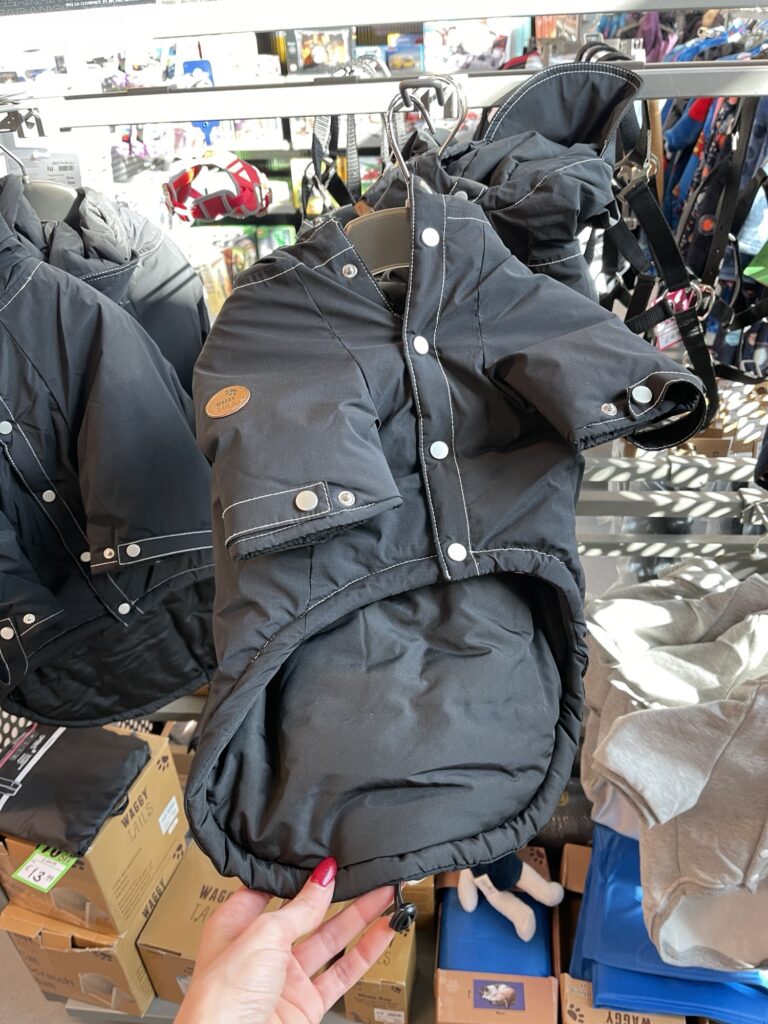 Hand holding small dog rain jacket in shop, choosing outerwear for pet while planning sewing and alteration projects