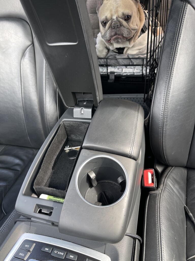 French bulldog sitting in car back seat with centre console storage box lined with felt to stop keys sliding while driving