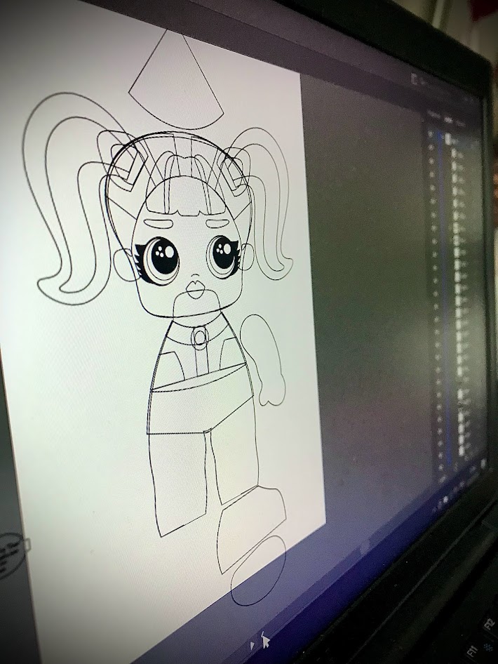 LOL doll sewing pattern sketch on screen with glitter accent details planned for hair and clothing design